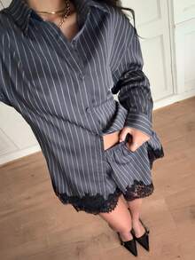 Siren Gaze Ensemble 2 pièces décontracté pour femme avec top à manches longues à rayures simple boutonnage et short avec bordure en dentelle pour le quotidien - Multicolore - Voir 13