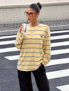 Muchica 女款針織條紋寬鬆長袖T恤 - 黃色 - 查看 6