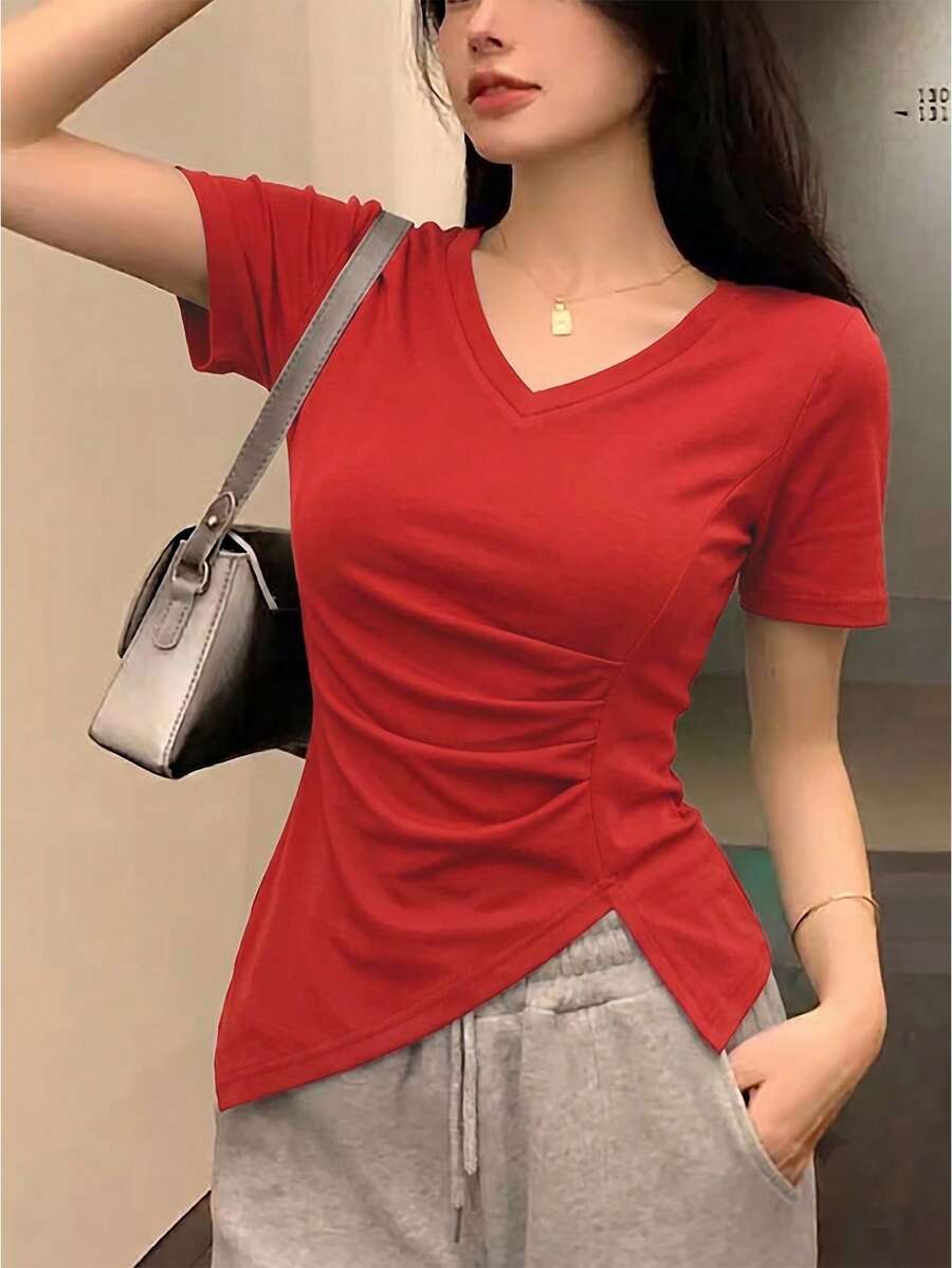INAWLY 女款夏季休閒不對稱下擺T恤 日常輕盈紅色 日穿款 - 紅色 - 查看 1
