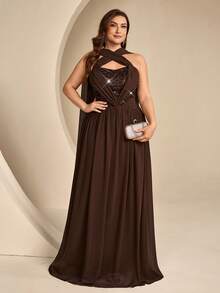 Coutiva Elegant Sequin Glitter Fitted Long Evening Dinner Gown For Banquet, High-End Socialite Style Wedding Brown Autumn - Coffee Brown - View 5