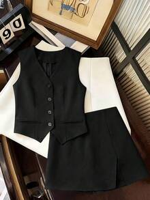 Franclia Women's Solid Color Elegant Office Commute Suit Set - Black - View 8