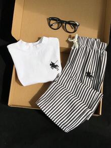 SHEIN 少女春夏季新款時尚休閒簡約白色印花T恤搭配黑白條紋長褲針織兩件套，適合休閒日常穿著、外出、上學及度假 - 彩色 - 查看 4