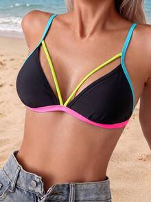 Swim Vcay 女款度假海灘拼色性感比基尼泳衣上衣 黑色 夏季 - 彩色 - 查看 1