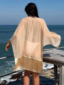 SHEIN Swim 女款杏色波希米亞風性感和服罩衫，適合海灘度假與夏季假期 - 金色 - 查看 6