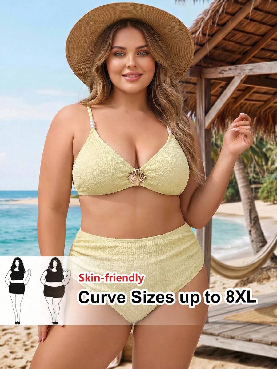 SHEIN CURVE+ 大尺碼女款夏季海灘度假純色金屬裝飾細肩帶比基尼三角褲兩件式泳衣套裝 黃色 - 黃色 - 查看 1