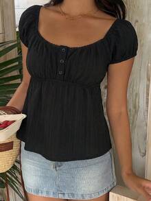 SHEIN EZwear 夏季休閒百搭素色襯衫 - 黑色 - 查看 4