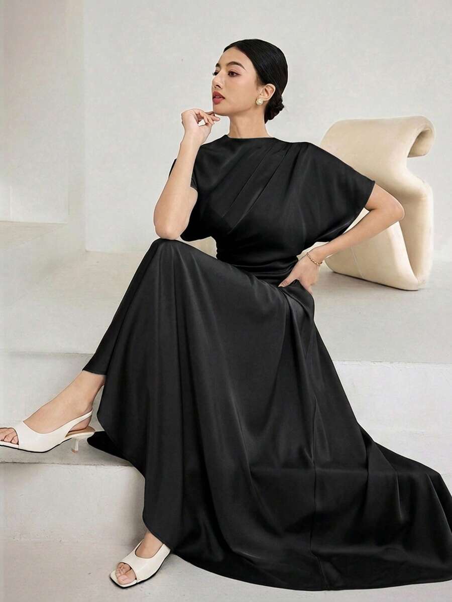 Heiryn Women's Spring/Summer Pleated Design Batwing Sleeve Elegant Long Dress Dinner Black - Black - View 1