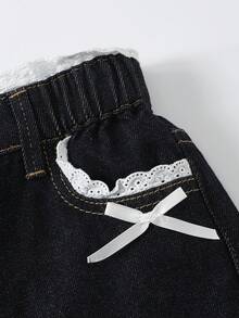 SHEIN 青少年女孩新款休閒復古時尚個性化前綴破洞開衩石洗黑拼接3D蝴蝶結寬腿修身百搭四季藍色牛仔褲 - 藍色 - 查看 4