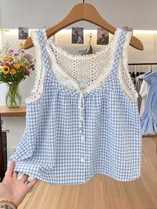 INAWLY Women's 2 In 1 Patchwork Plaid Pleated Casual Versatile Daily Wear Top - Baby Blue - View 1