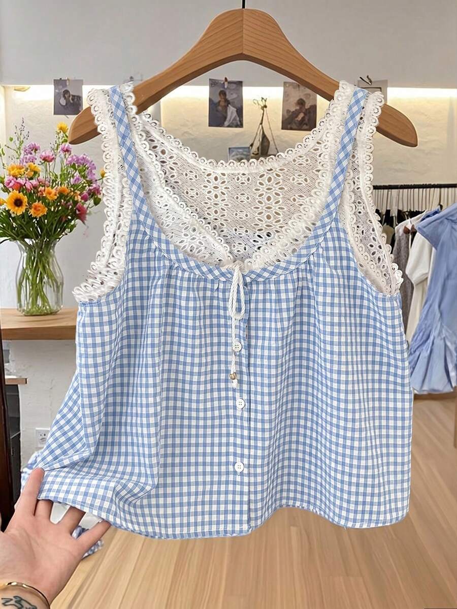 INAWLY Women's 2 In 1 Patchwork Plaid Pleated Casual Versatile Daily Wear Top - Baby Blue - View 1
