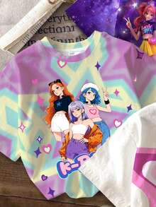 Young Girl Casual Simple Cartoon Pattern Round Neck Short Sleeve Basic T-Shirt Suitable For Spring And Summer 3pcs/Set - Multicolor - View 4