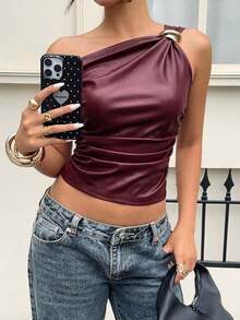 Siren Gaze Women's Sexy Elegant PU Material Metal Buckle Ruched Asymmetric Neck Tank Top Club Party Rave Night Out Rave Burgundy Summer - Burgundy - View 5