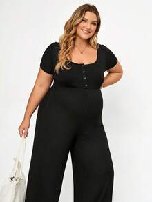 Plussiva 大尺碼孕婦純色鈕扣設計短袖寬腿連身褲 - 黑色 - 查看 6