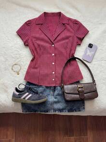 Comfortcana Plus Size Women's Plaid Short Sleeve Single Breasted Casual Shirt - Red - View 4