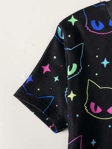 SHEIN 【隨機5套，1套免費！驚喜禮盒!!!! 30%機率可獲得2套!!】女孩修身舒適可愛印花針織睡衣套裝，舒適休閒居家服，適合日常穿著，夏季女孩夏裝甜夢印花睡衣套裝，舒適短袖上衣與長褲 - 黑色 - 查看 4