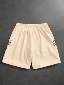 PAVTROS Men's Striped Cross Pattern Print Pocket Drawstring Waist Casual Shorts - Apricot - View 3