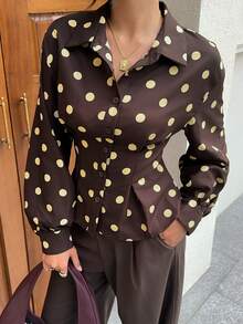 Siren Gaze Spring/Autumn New Brown Polka Dot Waist-Cinching Long Sleeve Blouse For Women - Brown - View 7