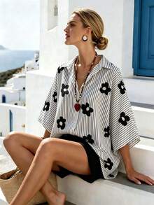 Breezaya Women's Summer Casual Minimalist Style Geometric Line Pattern Split Hem Drop Shoulder Trim Shirt Fashion Commute Blouse - Black - View 3