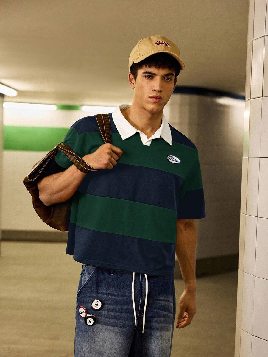 SWAVVY Kemeja Polo Lengan Pendek Pria Kasual Musim Panas Model Longgar Warna Hijau dengan Bordir Patchwork - Hijau - View 1