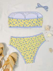 Bonvoyette Springbreak 女款海灘裝夏季套裝，新款 2 件組度假隨機印花平口上衣高腰比基尼泳褲分體比基尼套裝 - 彩色 - 查看 3