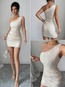 SHEIN 時尚性感極簡風派對度假風單肩收腰修身亮片香檳色女款短洋裝 - 香檳色 - 查看 5