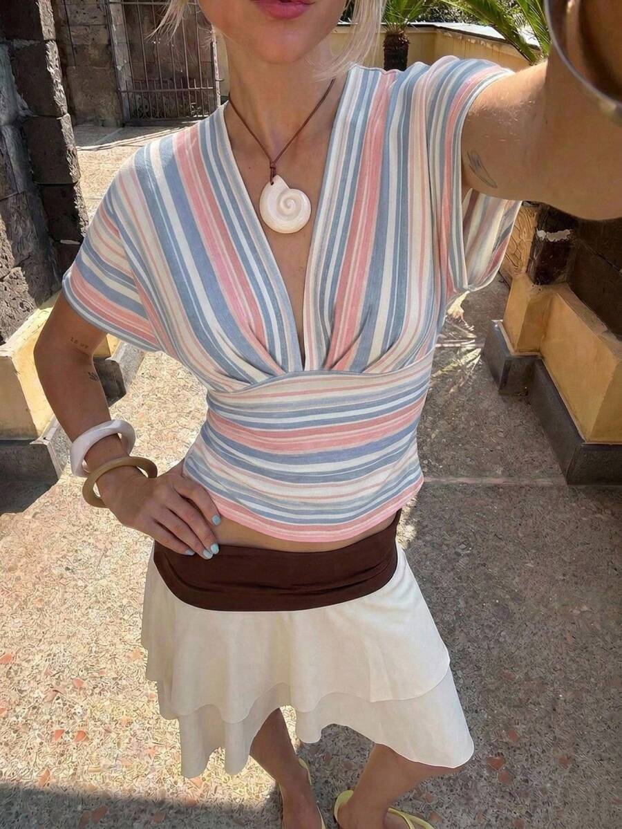 Aloruh Women's Summer Casual Striped Batwing Sleeve Waist-Cinched T-Shirt - Multicolor - View 1