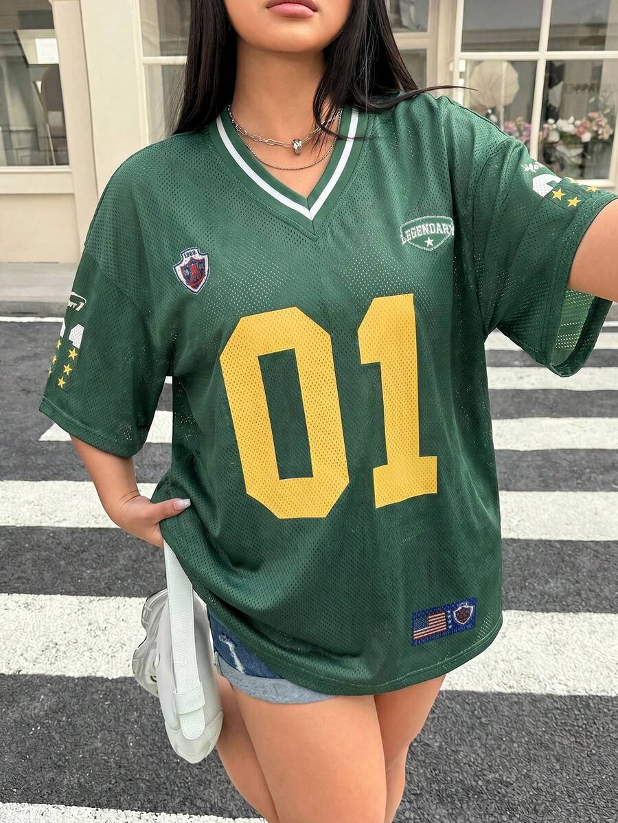 Muchica 大尺碼女款數位印花休閒百搭日常穿搭T恤 - 綠色 - 查看 1