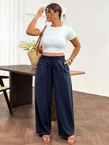 Lounesse Plus Size Women's Solid Color Drawstring Waist Pocket Casual Versatile Everyday Travel Long Pants - Navy Blue - View 4