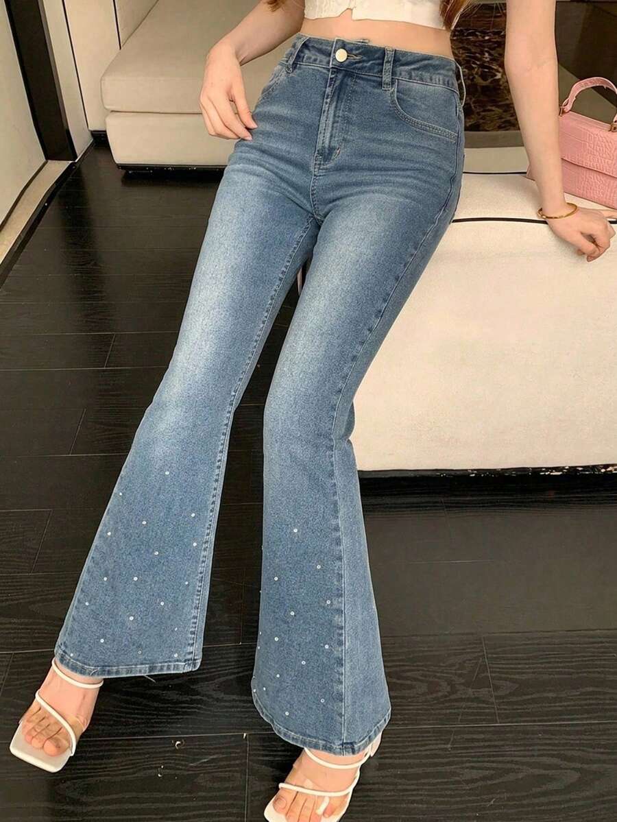 DAZY Summer Autumn Winter Rhinestone Decor Washed Flare Leg Women's Jeans - Blue - View 1