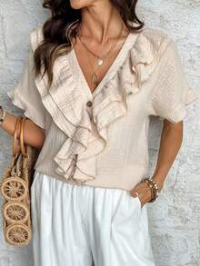 Zayélia Women's Summer Solid Color Versatile V-Neck Ruffle Design Short Sleeve Blouse - Apricot - View 8