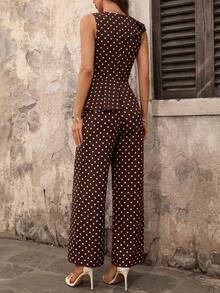 Ellevyn Brown Polka Dot Vintage Polka Dot Print Ruffle Hem Jumpsuit - Mocha Brown - View 2