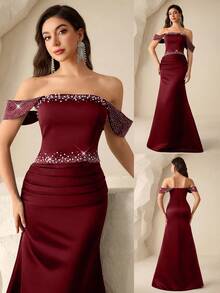 Coutiva Women's Tube Front Beaded + Rhinestone Embellished Bustier Formal Evening Gown (Heavy Workmanship Style) - Burgundy - View 4