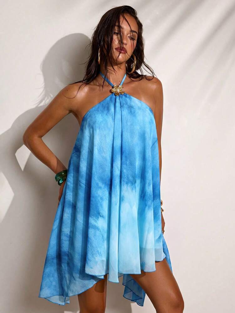 tie dye halter dress Yellow She can be worn as a mini dress SHEIN BAE Women's Halter Neck