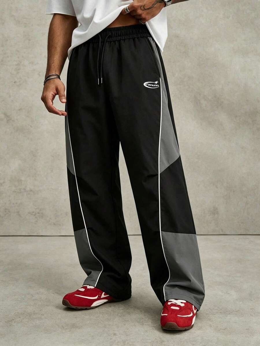 PAVTROS Men's Fashion Loose Drawstring Waist Pants, Side Contrast Color Design. Men's Wide Leg Pants - Black - View 1