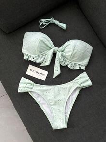 Swim Vcay Spring/Summer Solid Color Shoulder Strap Jacquard Fabric Non-Wired Bow Decor Cute Beach Vacation Swimsuit Set - Green - View 2