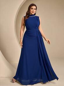 Coutiva High-End Evening Gown Ball Dress With Sequin And Pearl Neckline, Elegant Sophisticated Luxury Style - Navy Blue - View 3