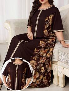 Al Najma Damen Große Größen Kleid mit Blume Muster, Rundhalsausschnitt, Kurzarm, im arabischen Stil - Verschiedenfarbig - Übersicht 2