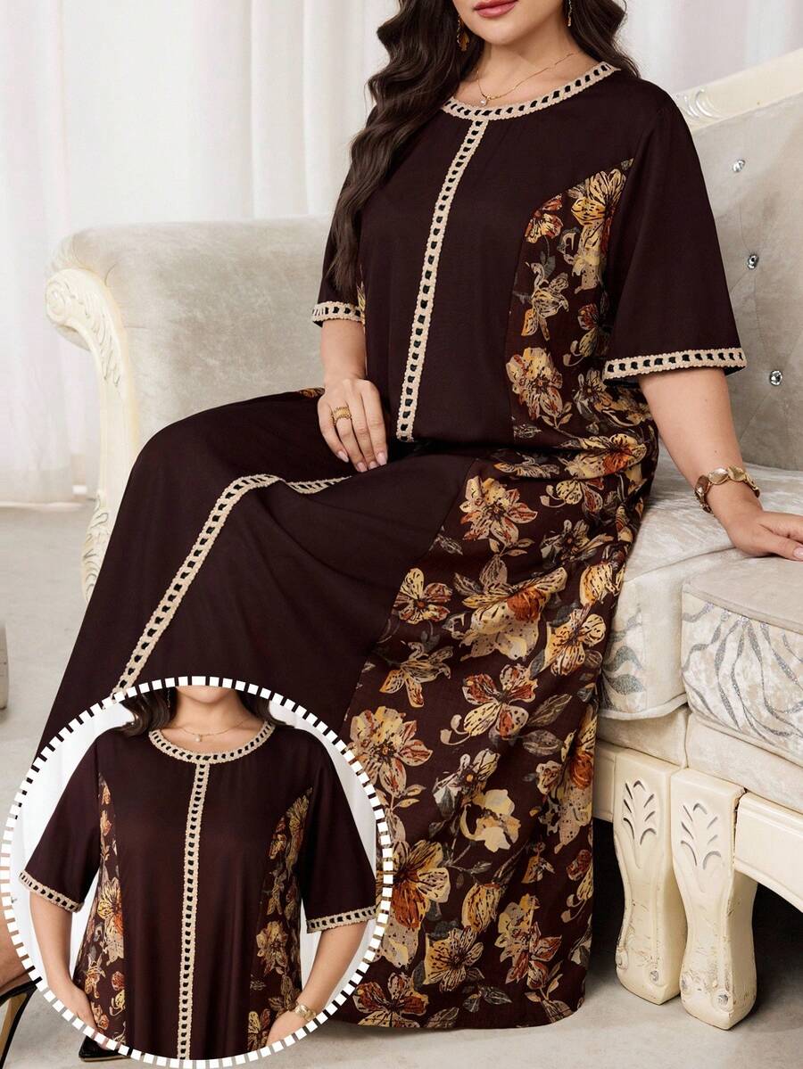 Al Najma Damen Große Größen Kleid mit Blume Muster, Rundhalsausschnitt, Kurzarm, im arabischen Stil