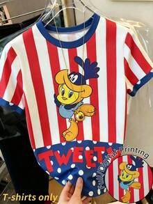 Resyla LOONEY TUNES X SHEIN Women's Round Neck Striped Colorblock Cartoon Print Casual Versatile Daily Outing Short Sleeve T-Shirt - Red - View 1