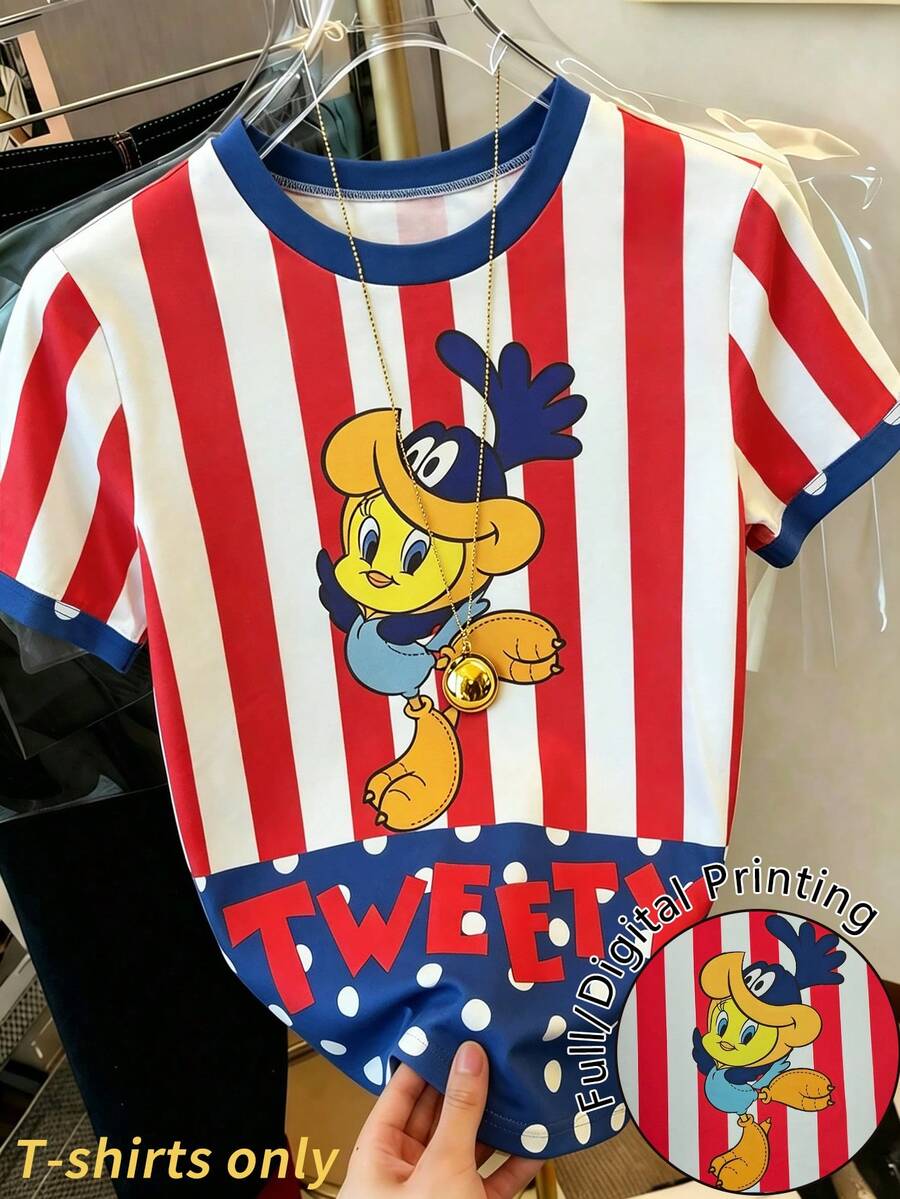 Resyla LOONEY TUNES X SHEIN Women's Round Neck Striped Colorblock Cartoon Print Casual Versatile Daily Outing Short Sleeve T-Shirt - Red - View 1