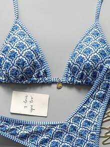 Swim Mod Women Summer Random Floral Spaghetti Strap Sexy Bikini Set - Blue and White - View 6