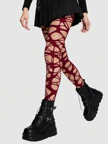 ROMWE Goth 性感女孩穿著破洞鏤空黑色魚網襪 - 大洞酒紅色 - 查看 4