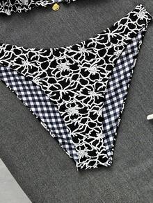 Swim Mod Women's Patterned Special Fabric Plaid Reversible Bikini Set - Black - View 8