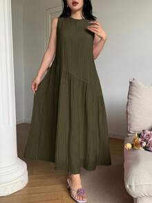 Feyla Asymmetrical Loose Fit Comfortable Vacation Versatile Sleeveless Summer Dress - Army Green - View 1