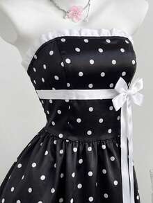 Elamini Women's Summer Elegant Cute Vintage Polka Dot Print Bow Decor Strapless Dress Party Black And White - Black - View 5