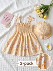 SHEIN Playful Pals 2pc Tots Baby Kid Girl Cute Chic Yellow Check Duck Bow Strap Soft Thin A-Line Dress Hat Set Sun Beach Party Cool Spring New Fun Fit Us Joy Age Cut Buy - Yellow - View 10