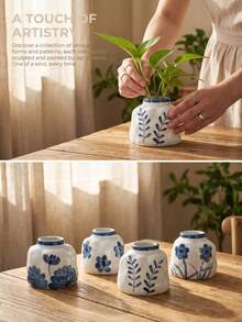 Cirelle 1 pieza/2 piezas Maceta pequeña asimétrica para plantas hidropónicas, cerámica esmaltada lisa con patrones de flores azules vintage pintados a mano, estructura impermeable para el cultivo de raíces de plantas, pequeño contenedor decorativo para escritorio de estudio, estantería de dormitorio y exhibición en mostrador. - Multicolor - Ver 13