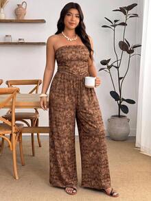 Enliva Plus Size Paisley Pattern Vintage Bohemian Style Vacation Jumpsuit - Brown - View 5