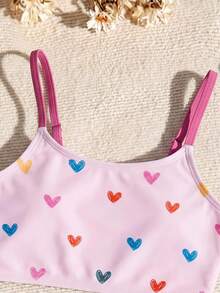 SHEIN Tween Girls 可爱彩色手绘心形印花，粉色休闲简约吊带背心和三角裤泳装套装，适合夏季 - 粉色 - 查看 4
