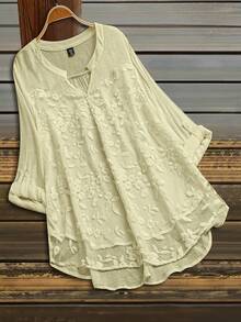 SHEIN LUNE 大尺碼女款刺繡缺口V領捲袖休閒襯衫 - 淡黃色 - 查看 1